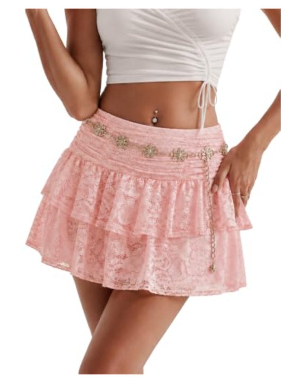 Y2K Lace Mini Skirt with Shorts A-Line High Waist Tiered Ruffle